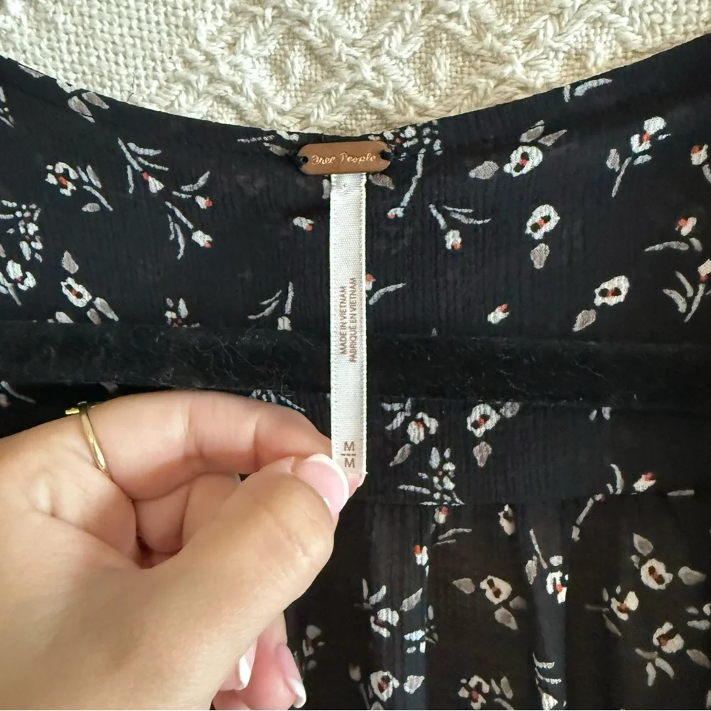 NWOT Free People Black, White, Red & Green Floral Print Bohemian Smocked Top